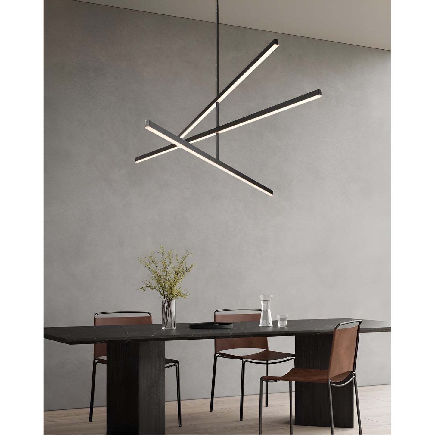 Matte Black LED Chandelier Minimalist Three Linear LEDs Integrated Adjustable Light