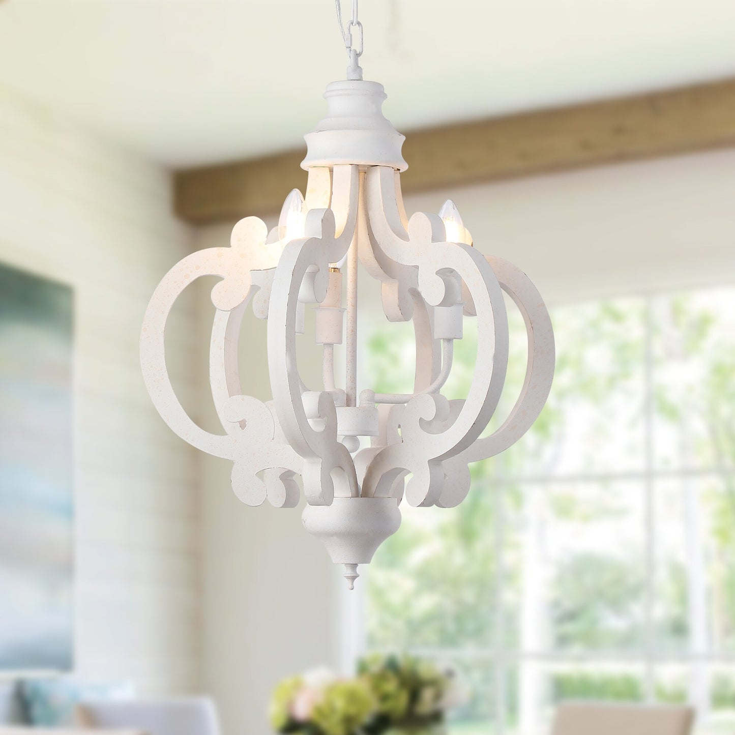 Cottage Geometric Distressed Wood Chandelier, 3-Light Farmhouse Wood Ceiling Light