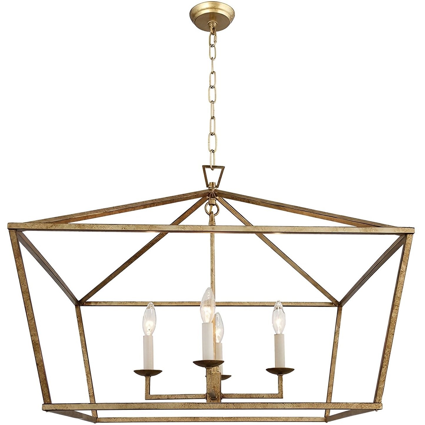 Open Cage Debraha 4-Light Gold Lantern, Antique Square Geometric Style Luxury Chandelier