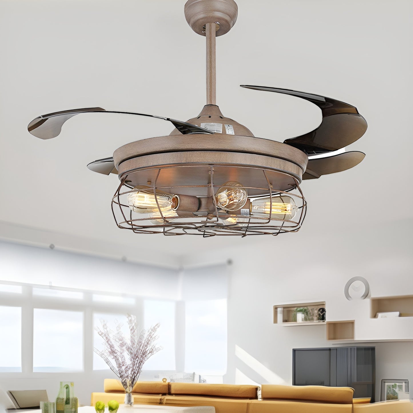 Esto Ceiling Fan, Retro Industrial Fan Chandelier with Remote, Retractable 45''
