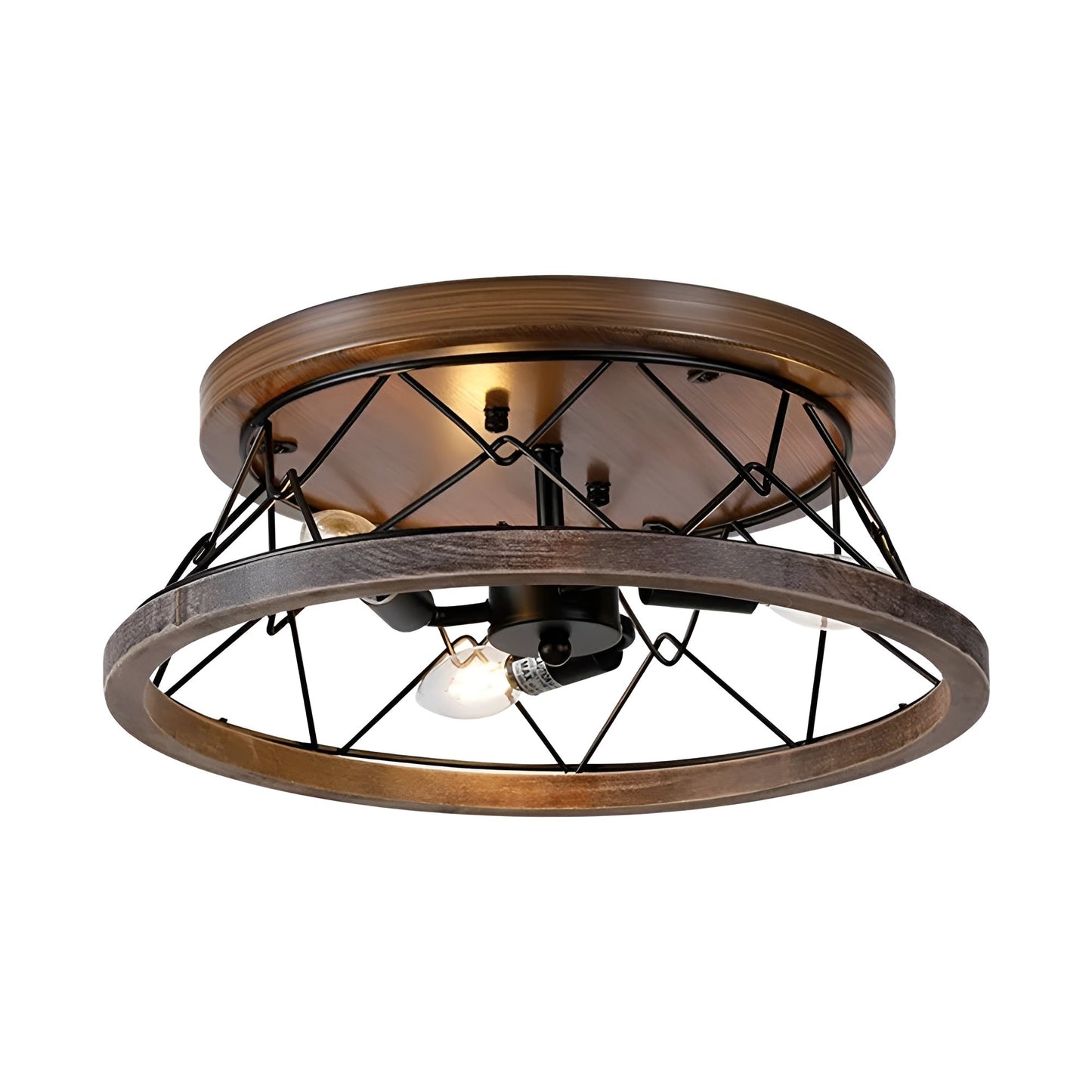 Farmhouse Mesh Basket Chicken Wire Flush Mount Walnut Wood Accent
