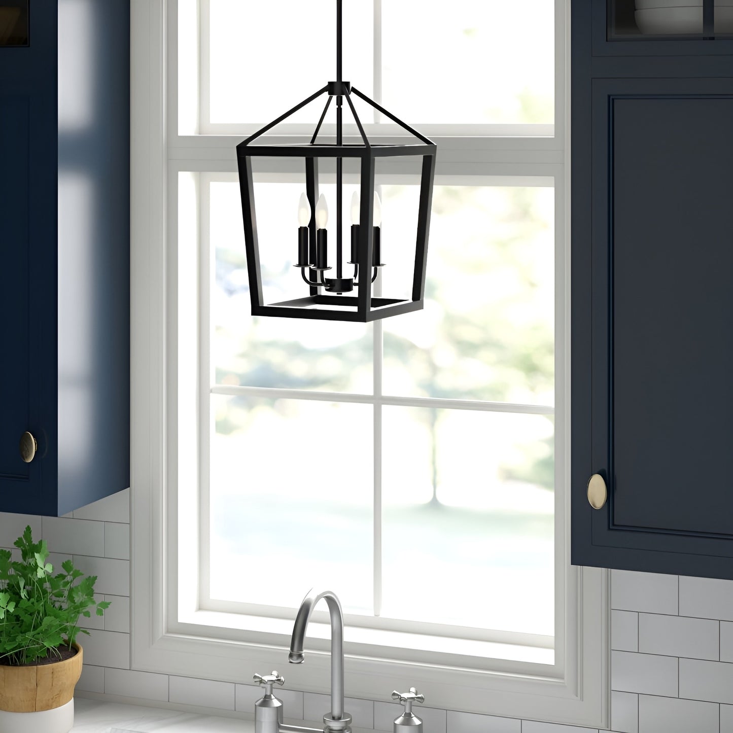 Gurganus 4 - Black Lantern Pendant Light, 4 Lights Farmhouse Chandelier Fixture with Metal Cage, Adjustable Height