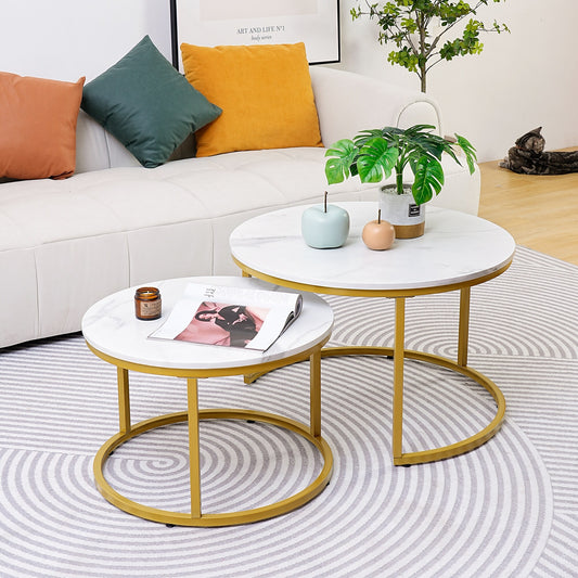 Modern White Marble Coffee Table, Industrial Round Metal Frame in Golden Style - Set of 2 Living Room or Lounge