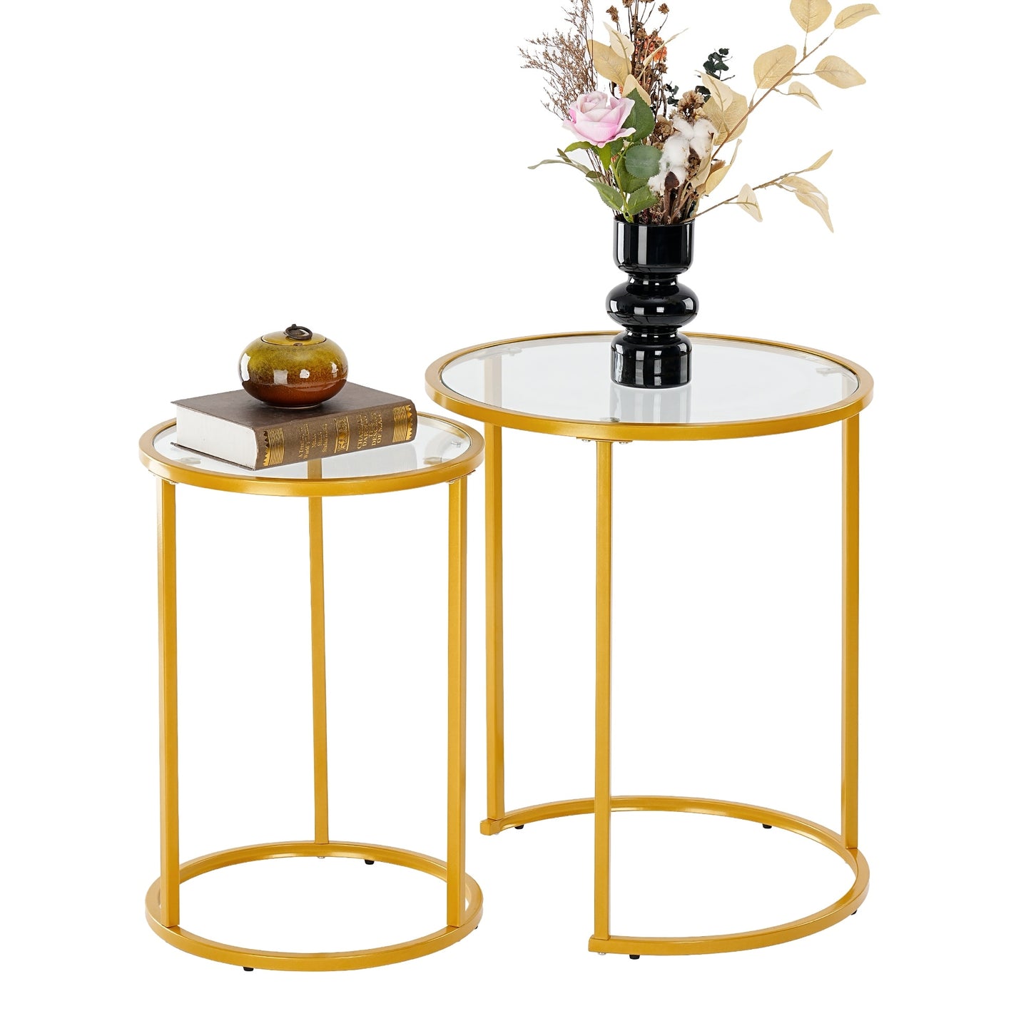 Nesting Coffee Tables with Metal Base, Living Room End Tables (Black or Gold)