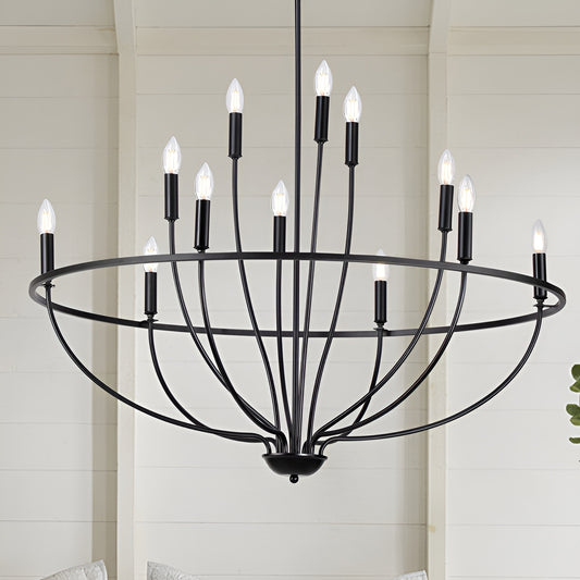 Orono 12-Light Metal Black Chandelier - Graceful Curve Candlestick Ceiling Light
