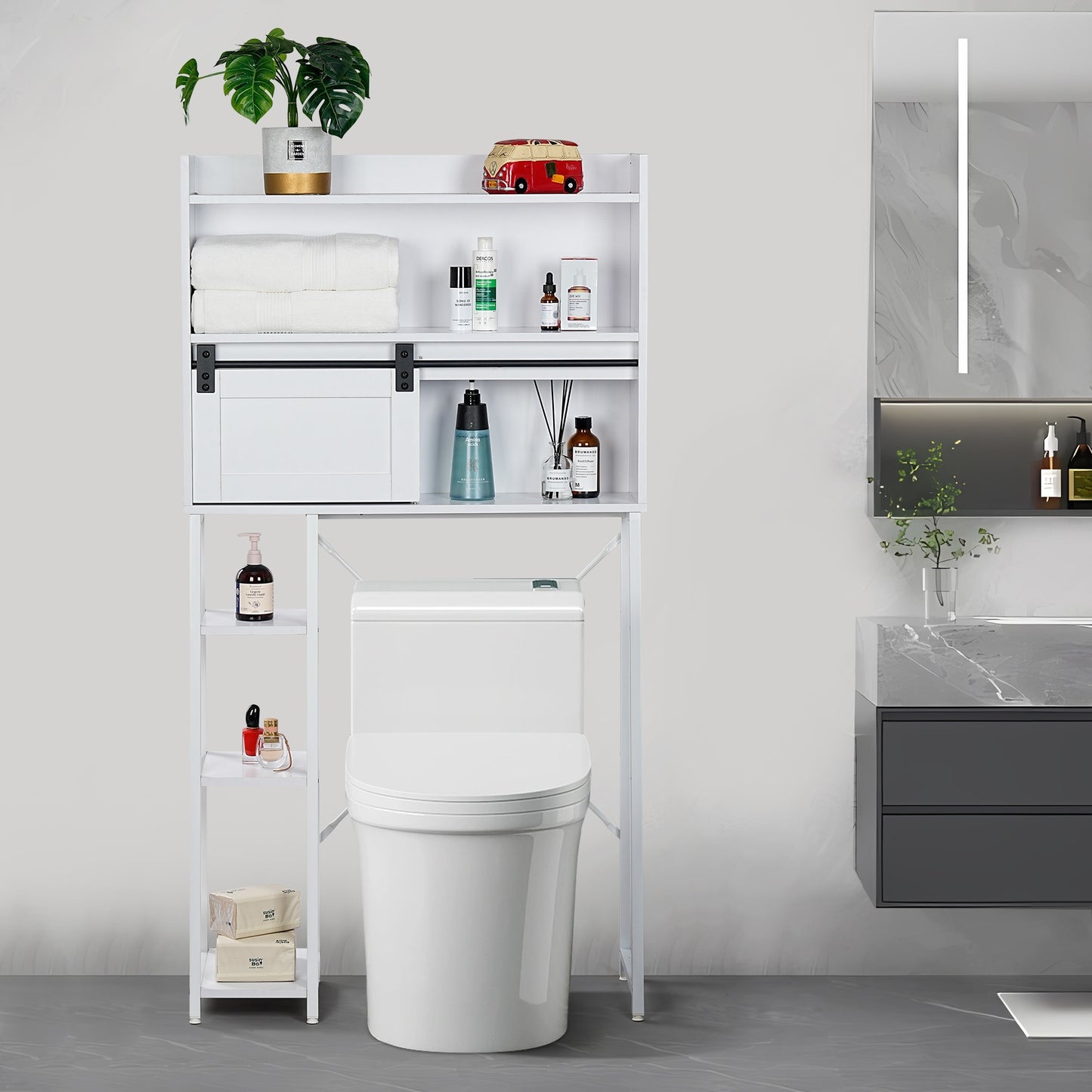 Over The Toilet Storage Cabinet - Elegant Grey Bathroom Organizer with Sliding Barn Door