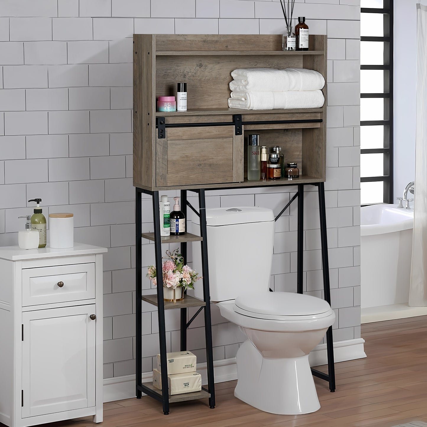 Over The Toilet Storage Cabinet - Elegant Grey Bathroom Organizer with Sliding Barn Door