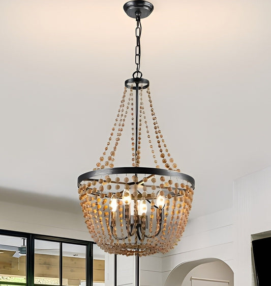 Peaslee 4-Light Regina Scalloped Wood Bead Lantern: Elegant Flush Mount Chandelier for Timeless Home Lighting - Wooden Bead Ceiling Fixture with Regina Scalloped Design