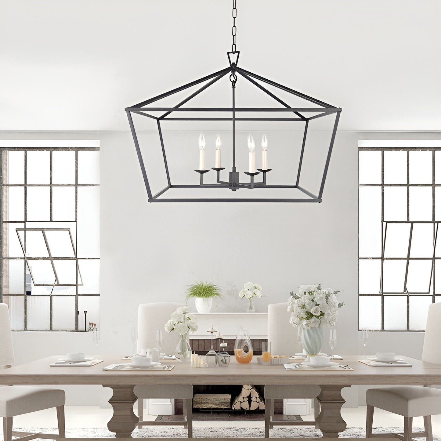 Sedley Rustic Lantern, Dimmable Modern & Geometric Open Frame Chandelier, Aged Iron 28-Inch 4-Light