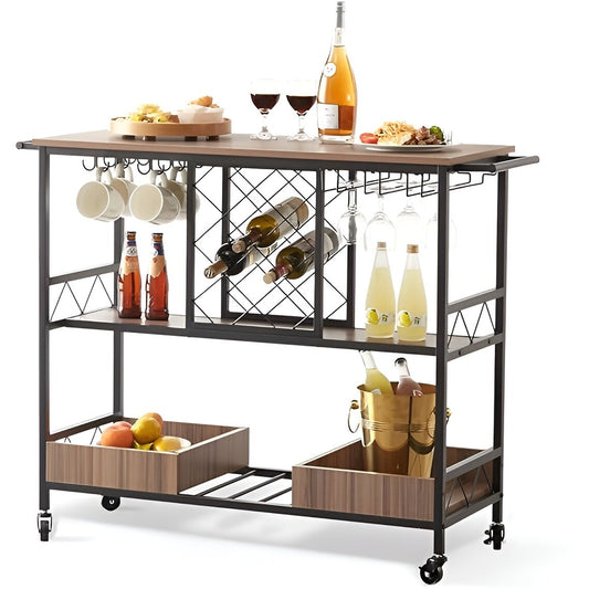 Stylish Industrial Vintage Serving Trolley - Rolling Beverage Station, Kitchen Storage Cart for Home (Rustic Brown)60009