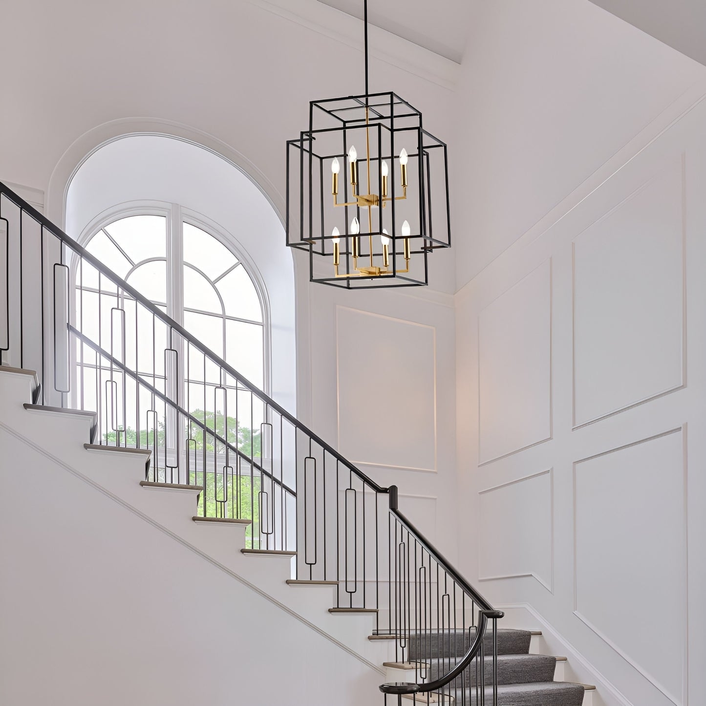Transitional 8-Light Pendant Chandelier with Spacious 22" Width and 28" Height - Open Frame Cage Design
