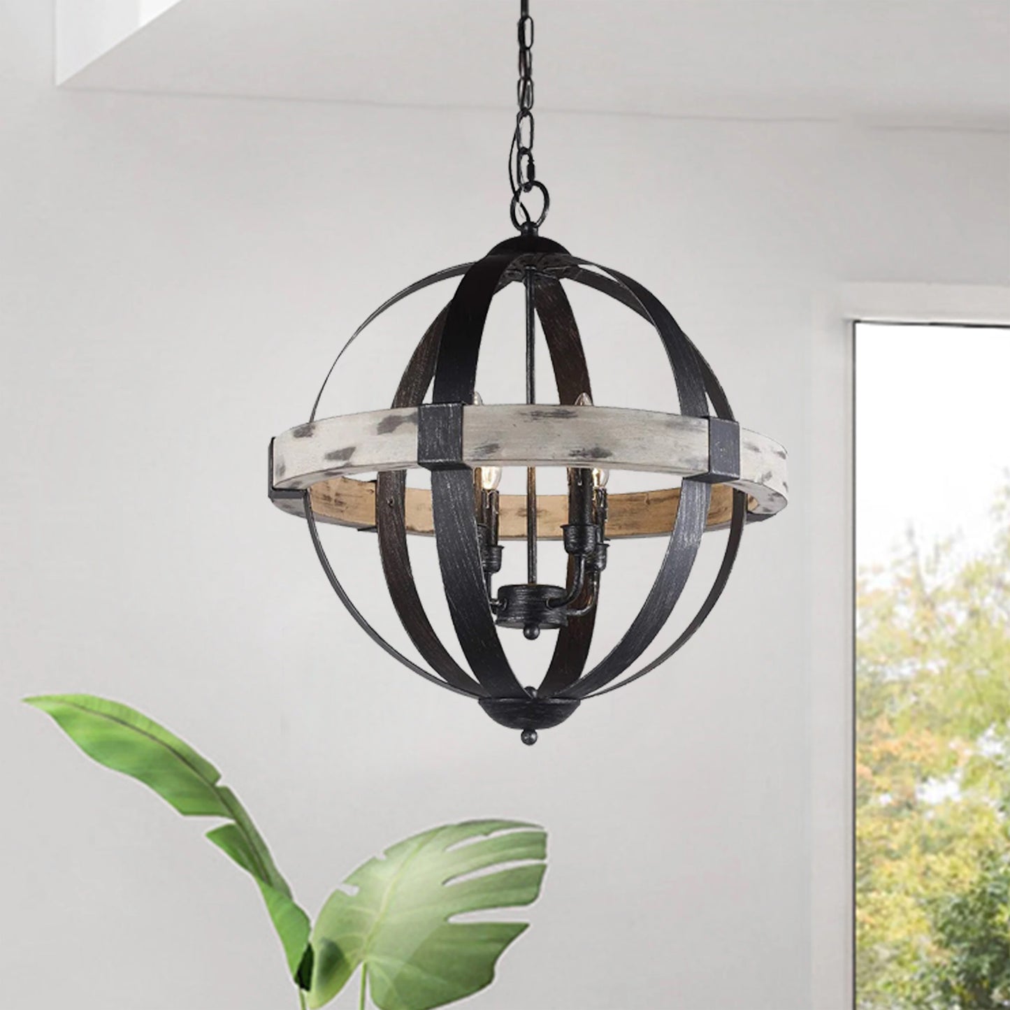 Aspen Wood Modern Chandelier - Iron Globe Pendant Light (4-light)