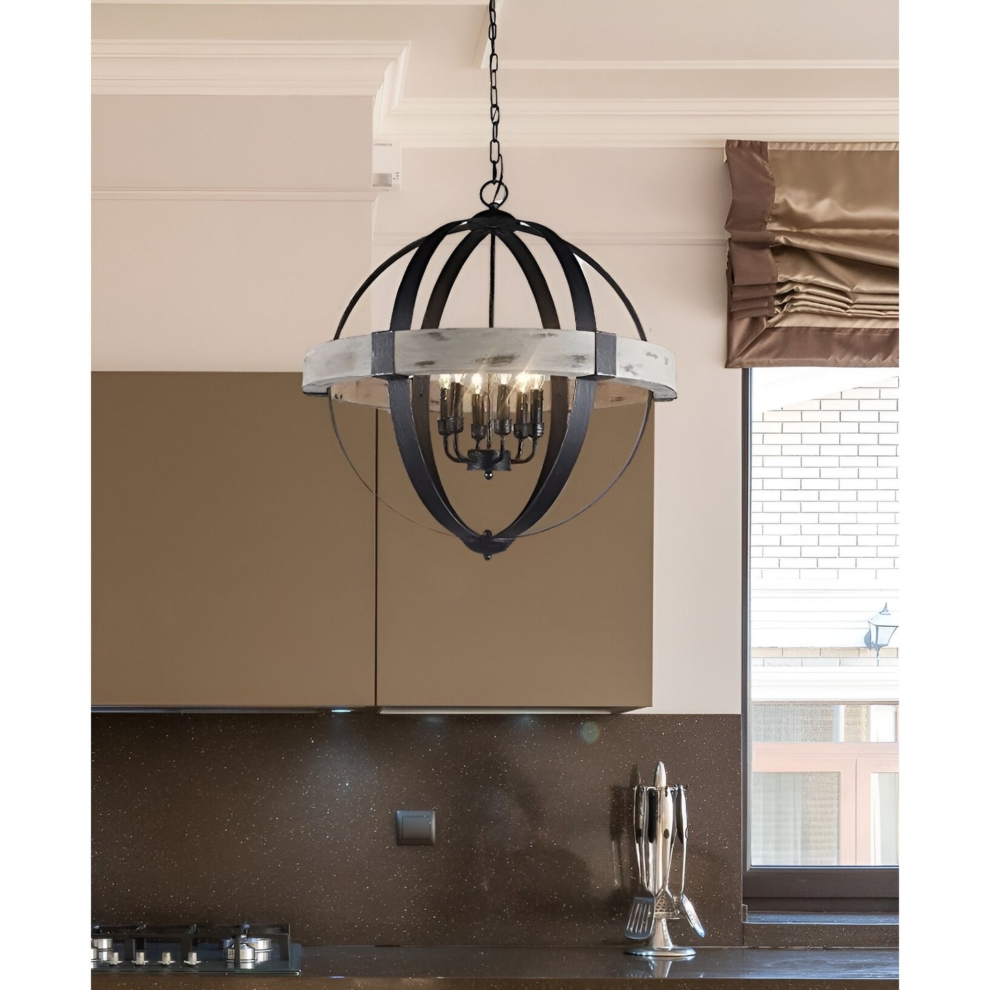 Aspen Wood Modern Chandelier - Iron Globe Pendant Light (4-light)