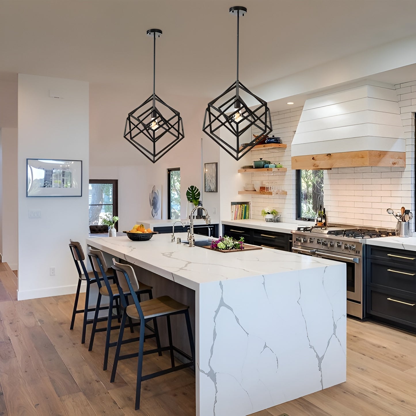 Modern Geometric Pendant Lamp - Cube Light Open Cage Frame (Futuristic Scifi Minimalist Design)