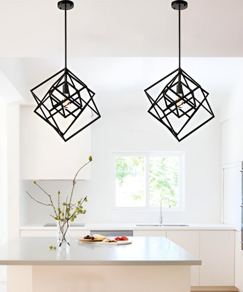 Modern Geometric Pendant Lamp - Cube Light Open Cage Frame (Futuristic Scifi Minimalist Design)