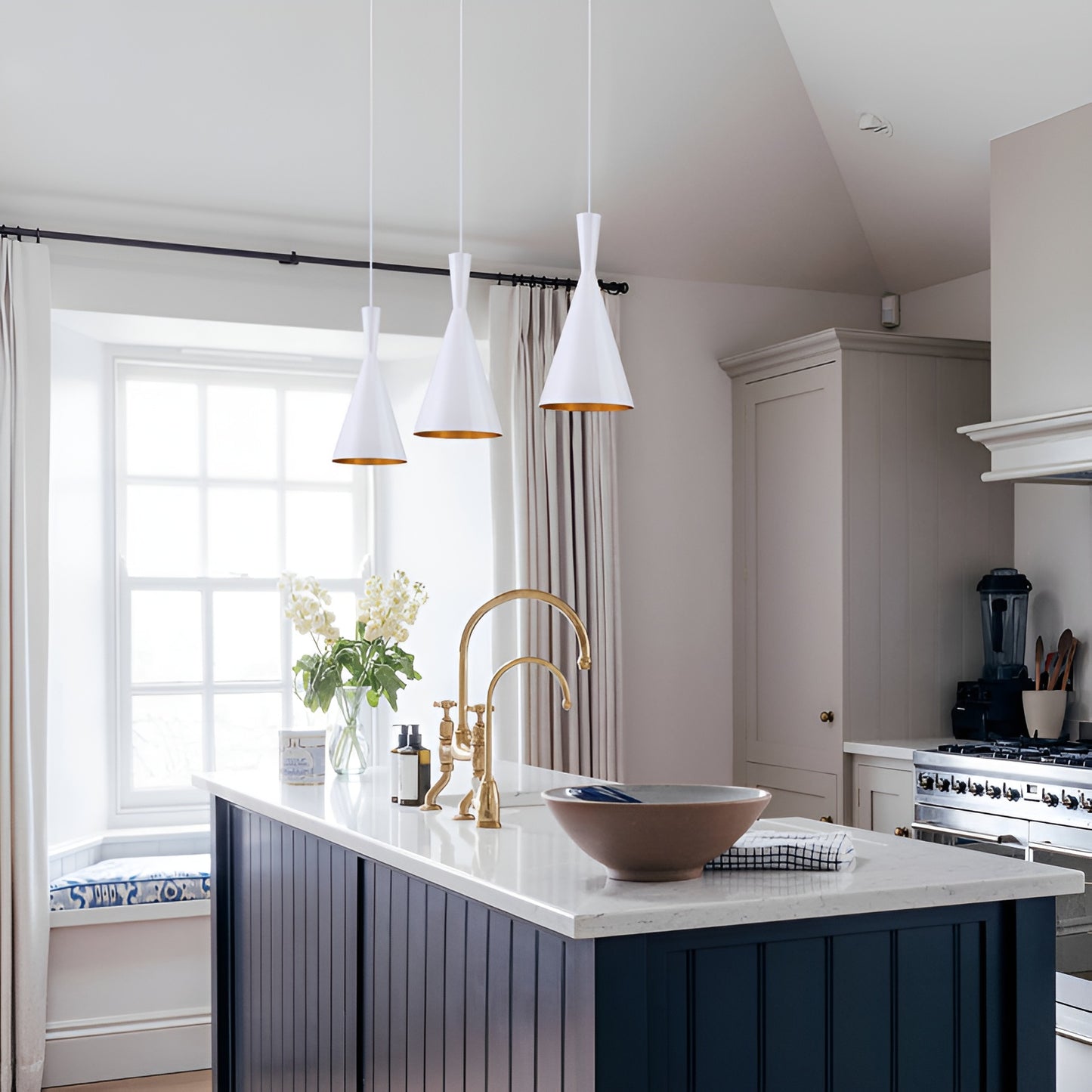 Futuristic White & Gold Single Cone Pendant, Retro Minimalist Light (Set of 1)