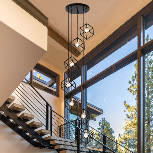 Seven Light Cluster Geometric Pendant – Adjustable Ceiling Light for Modern Spaces