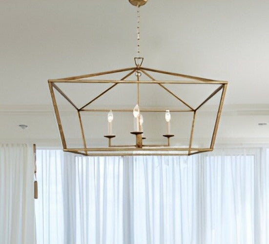 Open Cage Debraha 4-Light Gold Lantern, Antique Square Geometric Style Luxury Chandelier