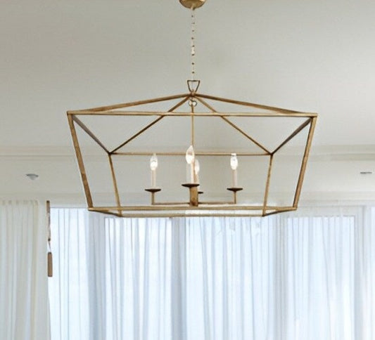 Open Cage Debraha 4-Light Gold Lantern, Antique Square Geometric Style Luxury Chandelier