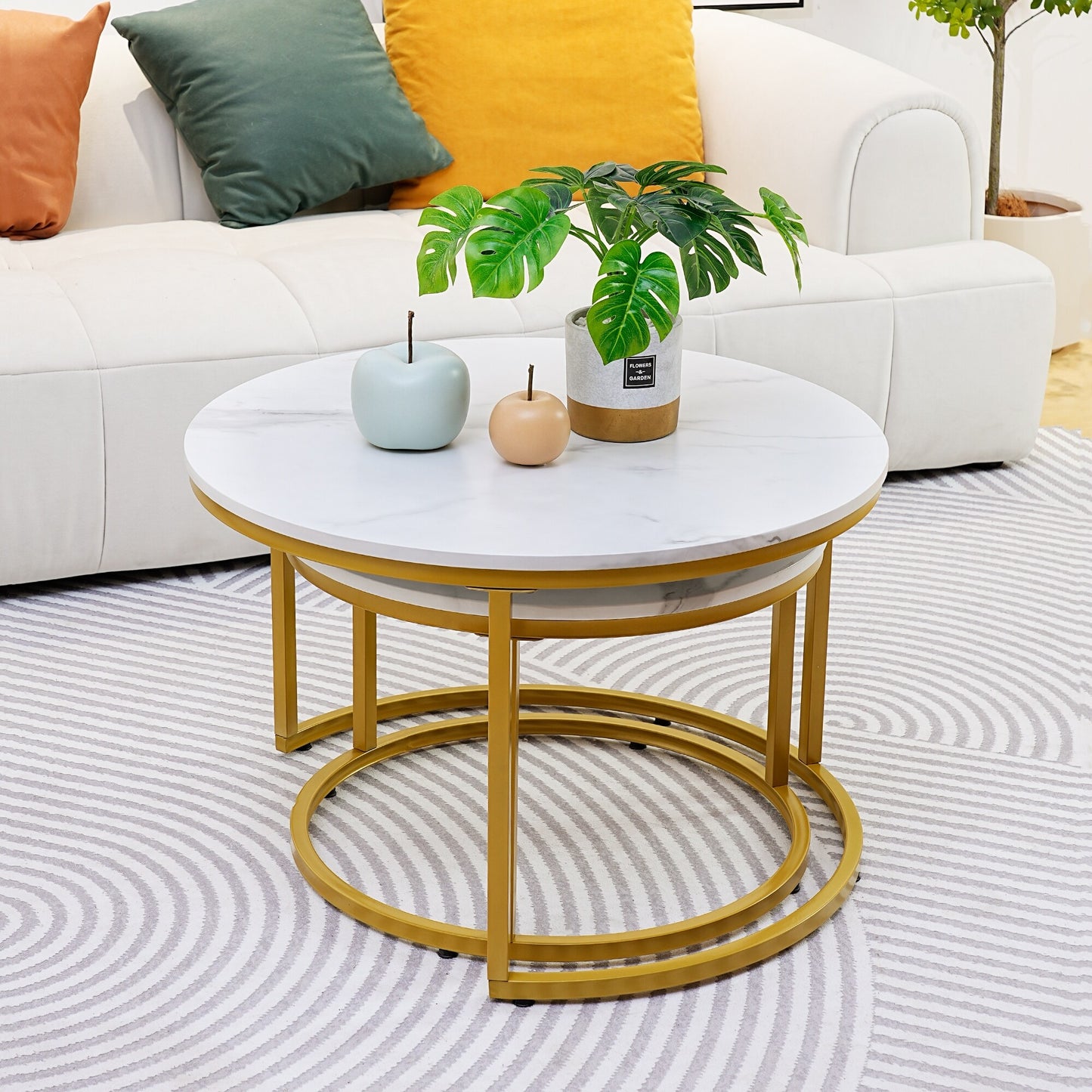 Modern White Marble Coffee Table, Industrial Round Metal Frame in Golden Style - Set of 2 Living Room or Lounge