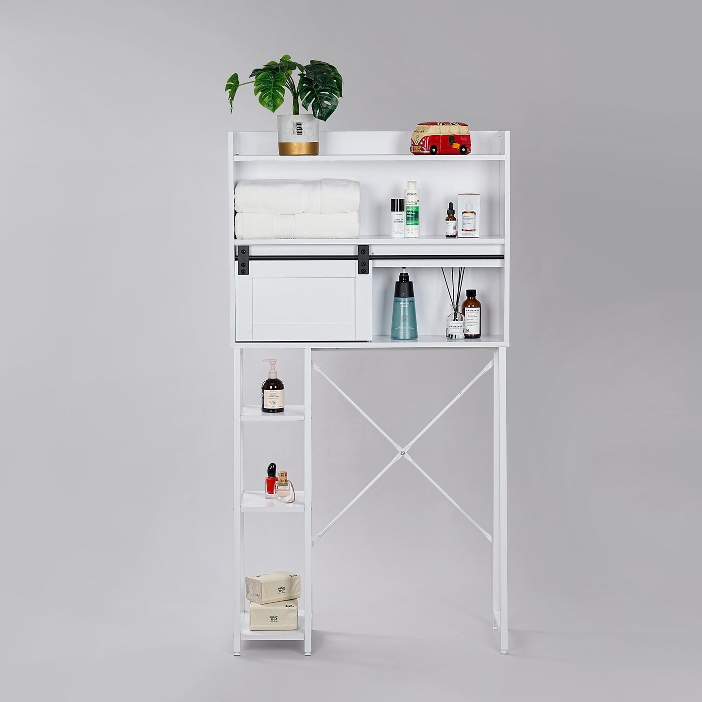 Over The Toilet Storage Cabinet - Elegant Grey Bathroom Organizer with Sliding Barn Door