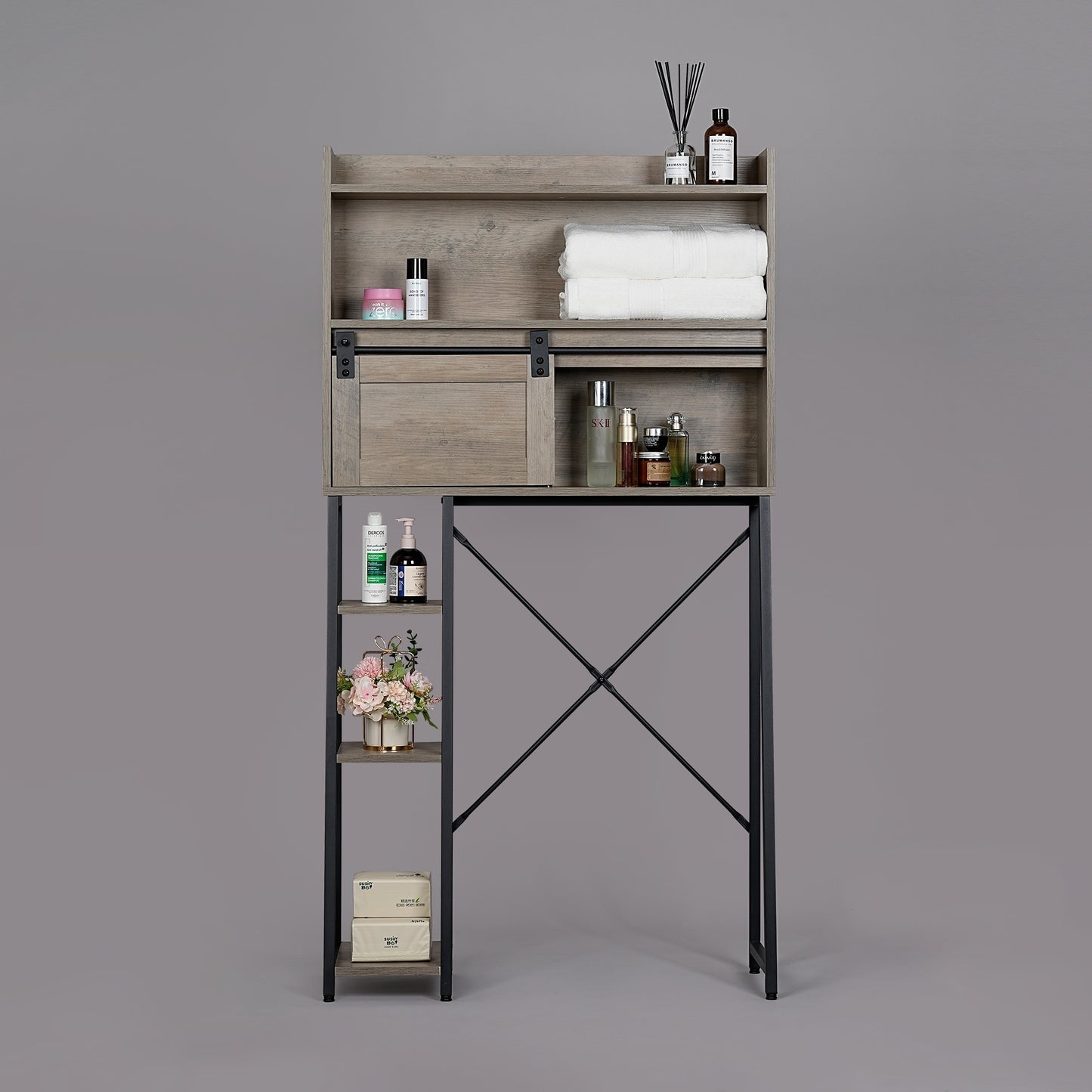 Over The Toilet Storage Cabinet - Elegant Grey Bathroom Organizer with Sliding Barn Door