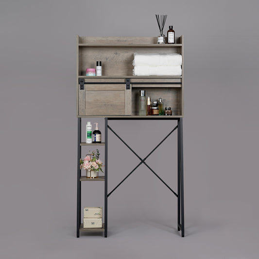 Over The Toilet Storage Cabinet - Elegant Grey Bathroom Organizer with Sliding Barn Door