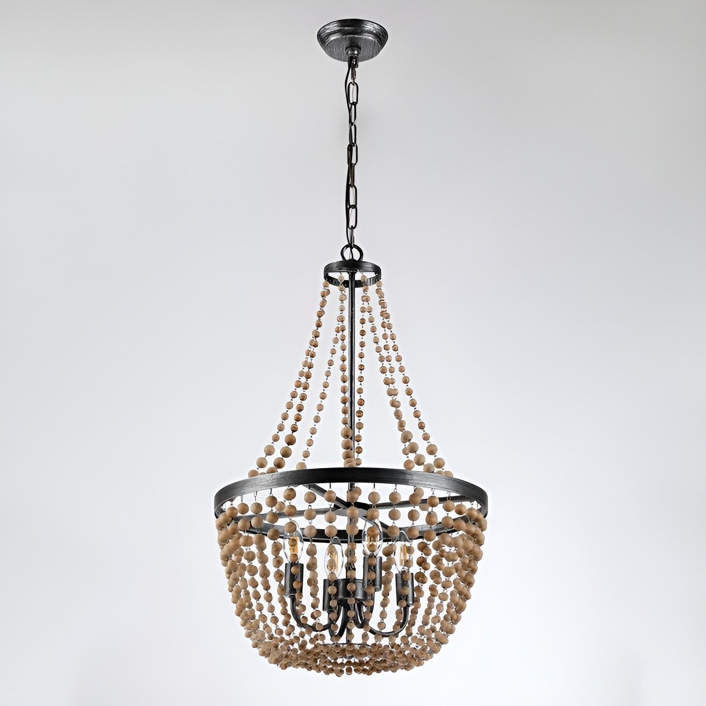 Peaslee 4-Light Regina Scalloped Wood Bead Lantern: Elegant Flush Mount Chandelier for Timeless Home Lighting - Wooden Bead Ceiling Fixture with Regina Scalloped Design