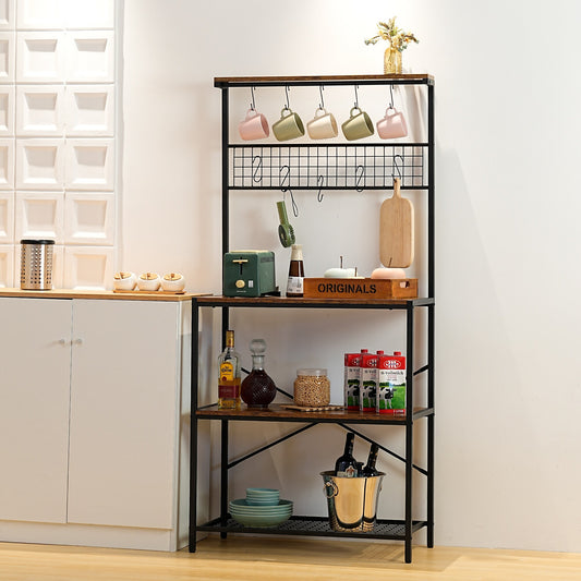 Rustic Brown & Black Bakers Rack - Kitchen Storage Shelf Rack For Cooking & Organizing