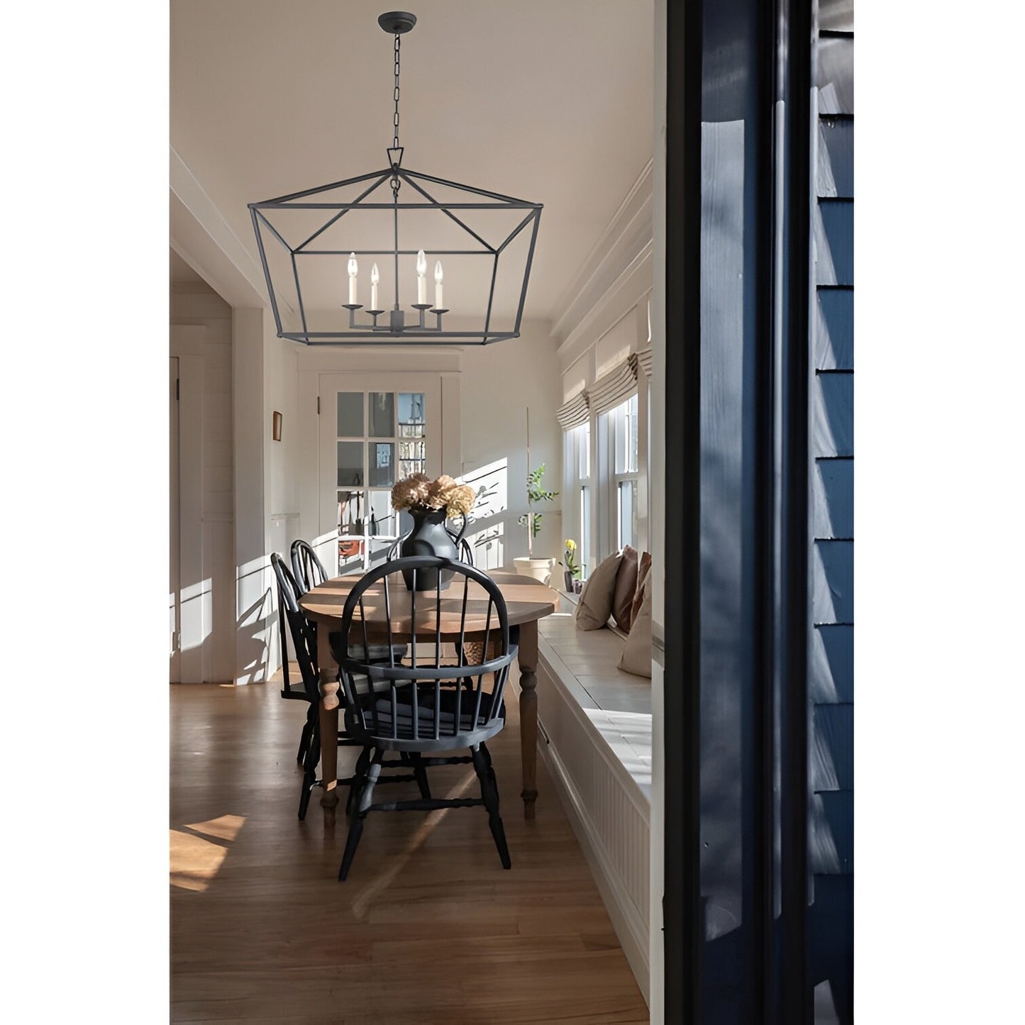 Sedley Rustic Lantern, Dimmable Modern & Geometric Open Frame Chandelier, Aged Iron 28-Inch 4-Light