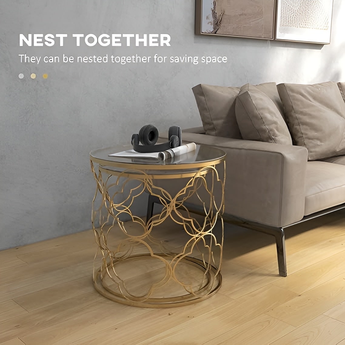 Coffee Table Set of 2 with Glass Top and Metal Wire, Round Side End Table