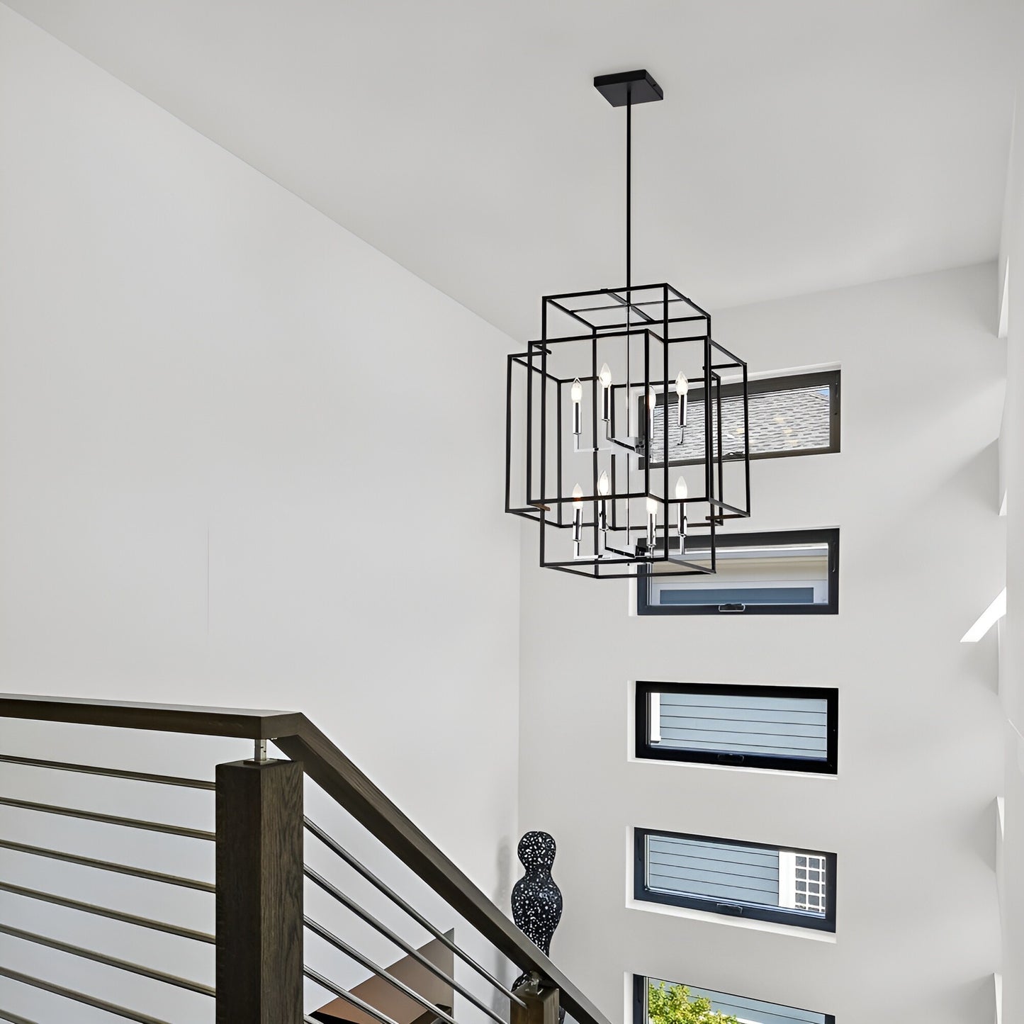 Transitional 8-Light Pendant Chandelier with Spacious 22" Width and 28" Height - Open Frame Cage Design