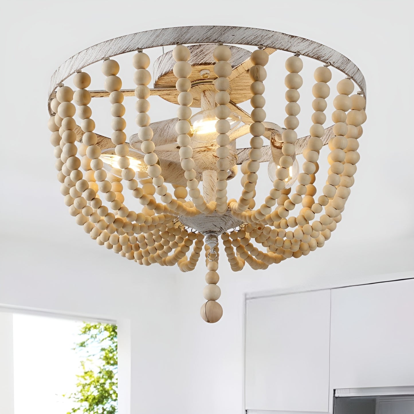 Farmhouse Wood Bead Chandelier - Distressed Cream Metal and Wood Ceiling Light with Classic Elegance