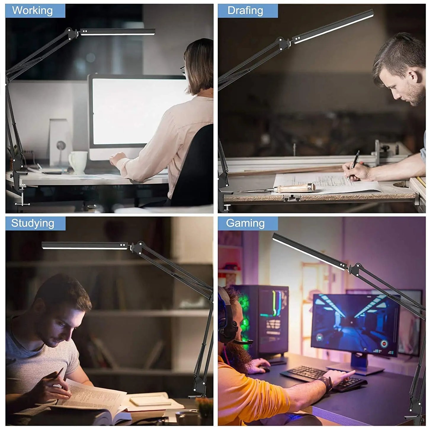 LED Desk Lamp with Clamp Long Arm Table Lamp Eye-Caring Dimmable 3 Colors Adjustable Desk Light with 10 Brightness Level