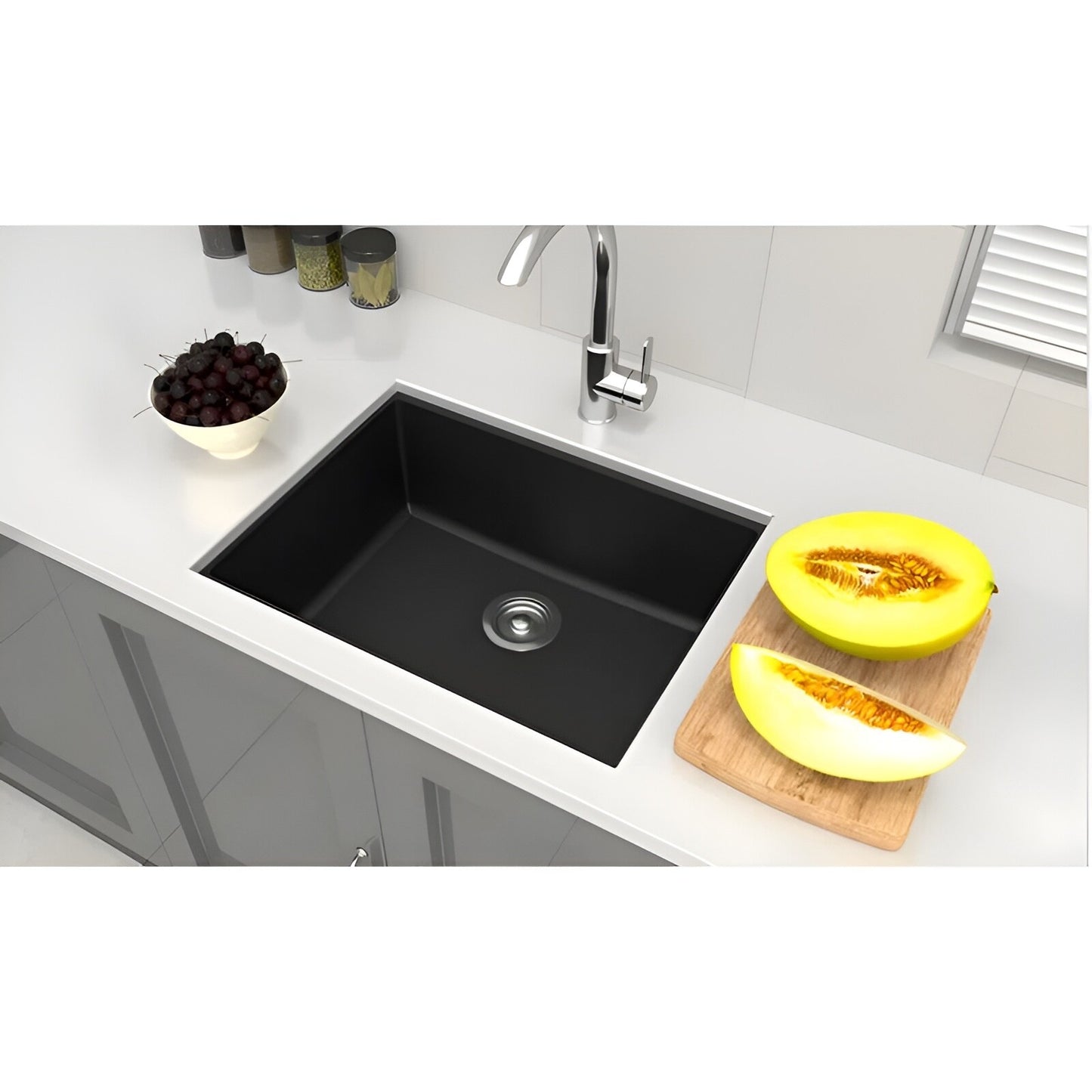 Single Black Granite Undermount Kitchen Sink 27" L X 18" W With Basket Strainer