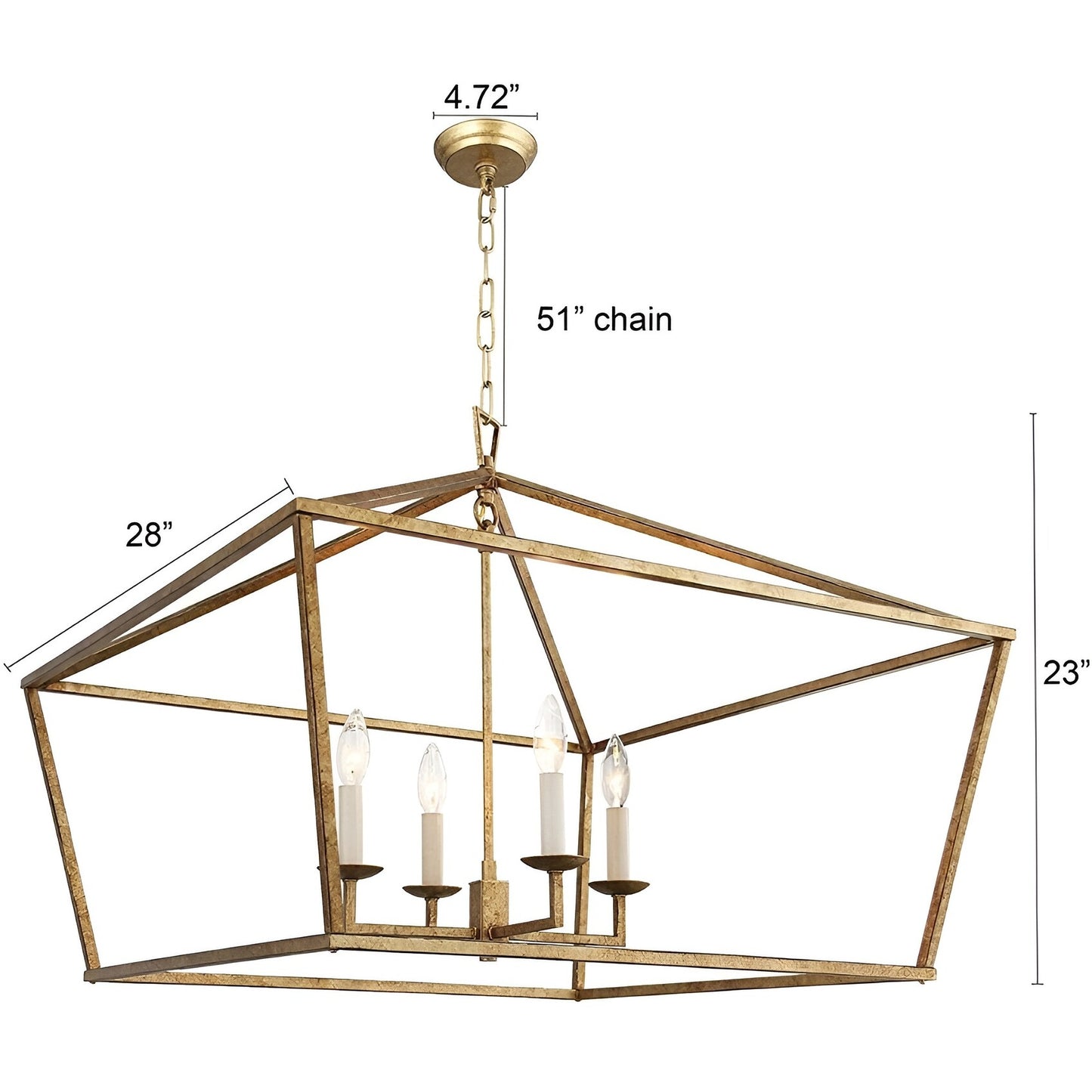 Open Cage Debraha 4-Light Gold Lantern, Antique Square Geometric Style Luxury Chandelier