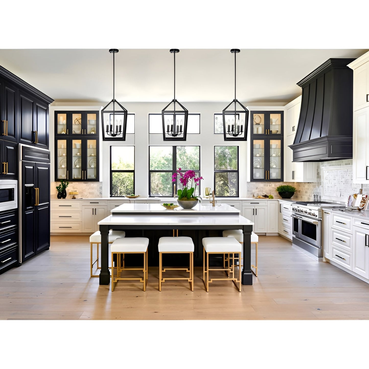 Gurganus 4 - Black Lantern Pendant Light, 4 Lights Farmhouse Chandelier Fixture with Metal Cage, Adjustable Height