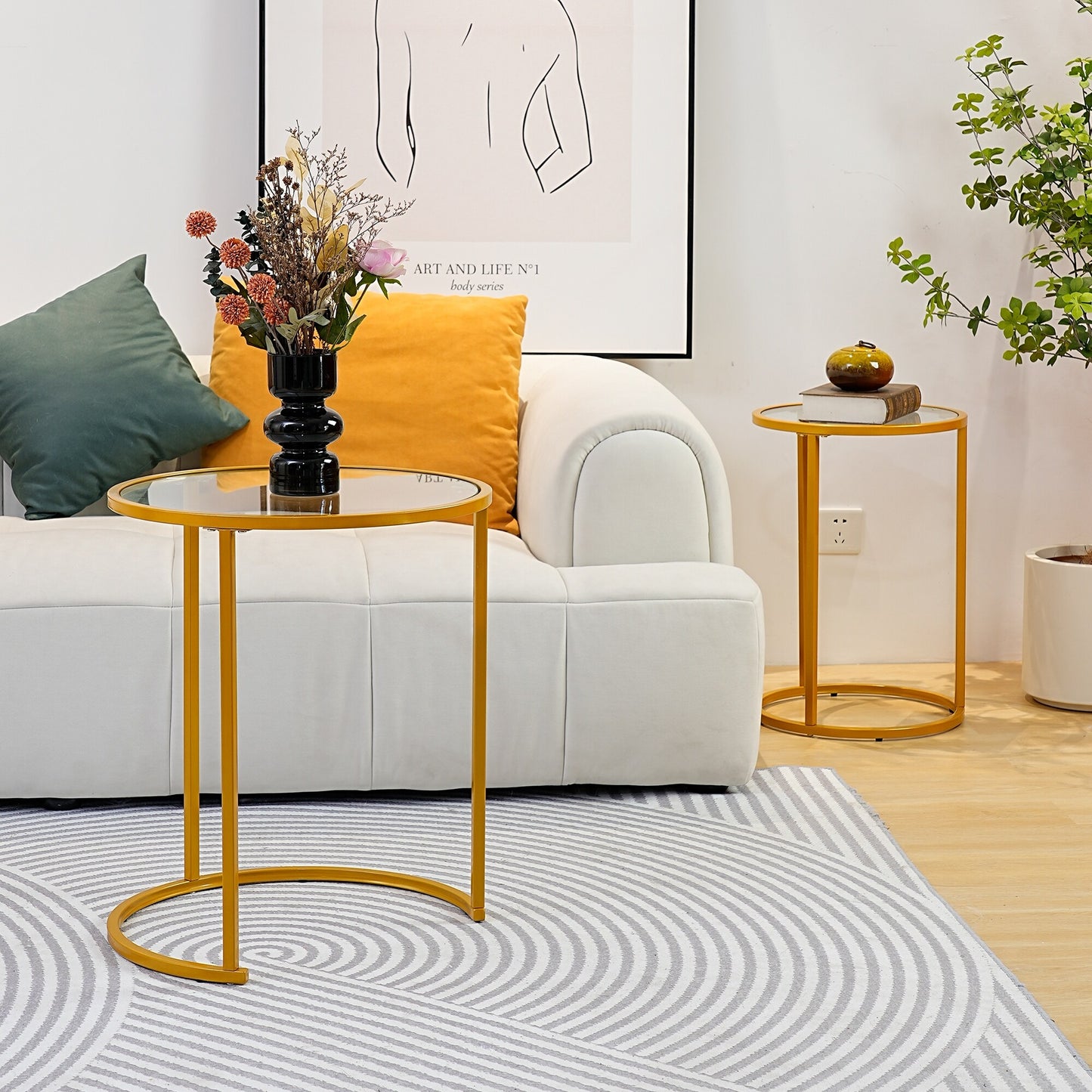 Nesting Coffee Tables with Metal Base, Living Room End Tables (Black or Gold)