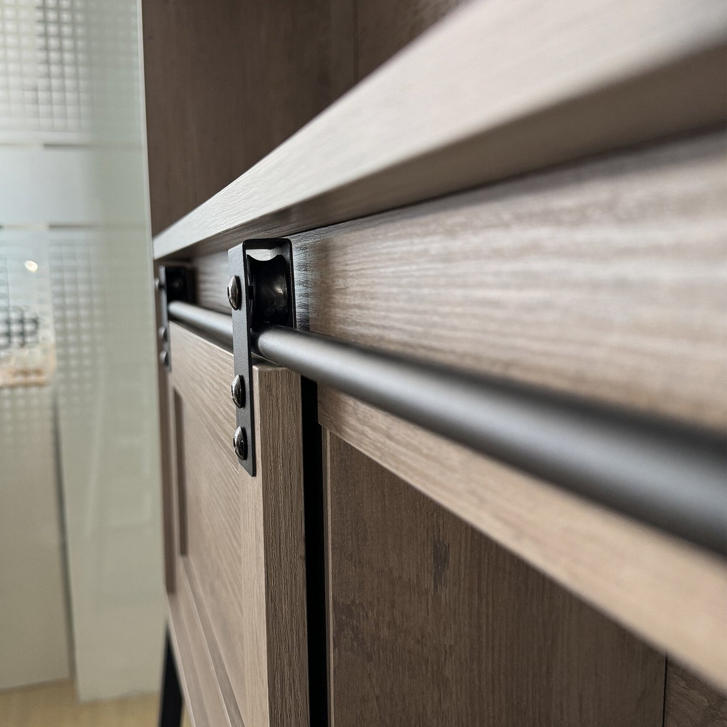 Over The Toilet Storage Cabinet - Elegant Grey Bathroom Organizer with Sliding Barn Door