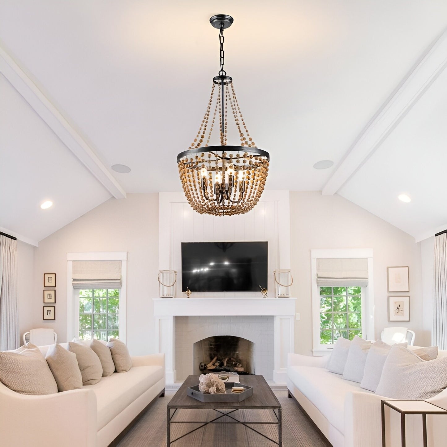 Peaslee 4-Light Regina Scalloped Wood Bead Lantern: Elegant Flush Mount Chandelier for Timeless Home Lighting - Wooden Bead Ceiling Fixture with Regina Scalloped Design