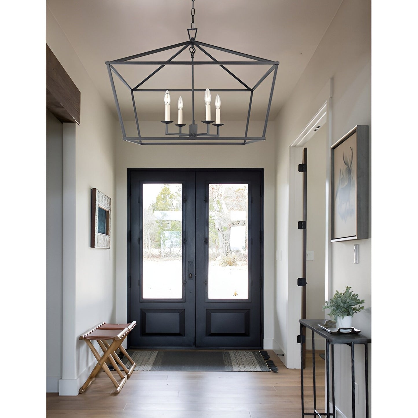 Sedley Rustic Lantern, Dimmable Modern & Geometric Open Frame Chandelier, Aged Iron 28-Inch 4-Light