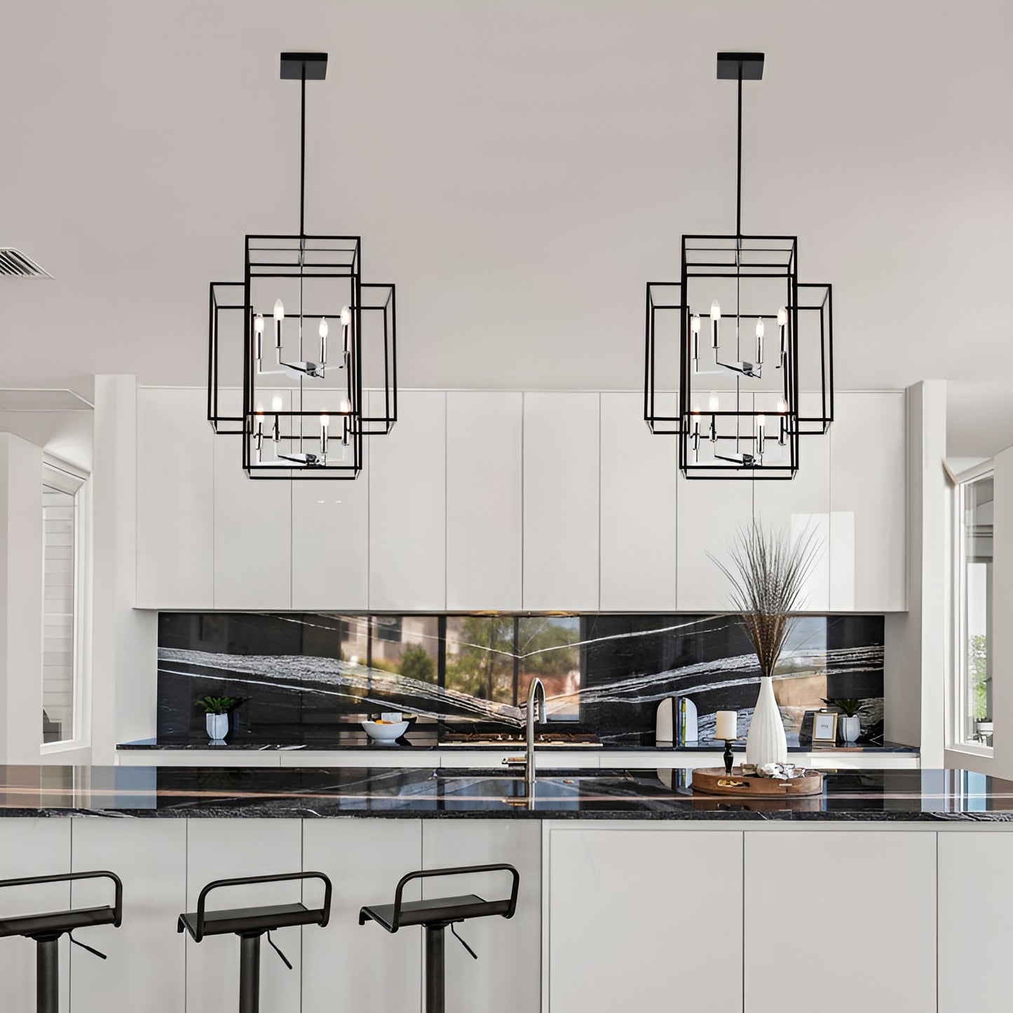 Transitional 8-Light Pendant Chandelier with Spacious 22" Width and 28" Height - Open Frame Cage Design