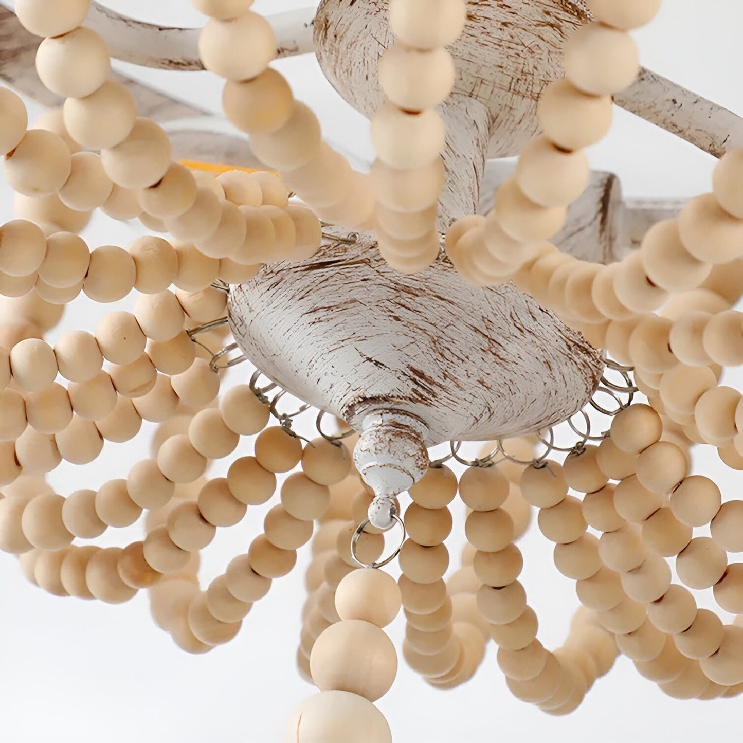 Farmhouse Wood Bead Chandelier - Distressed Cream Metal and Wood Ceiling Light with Classic Elegance