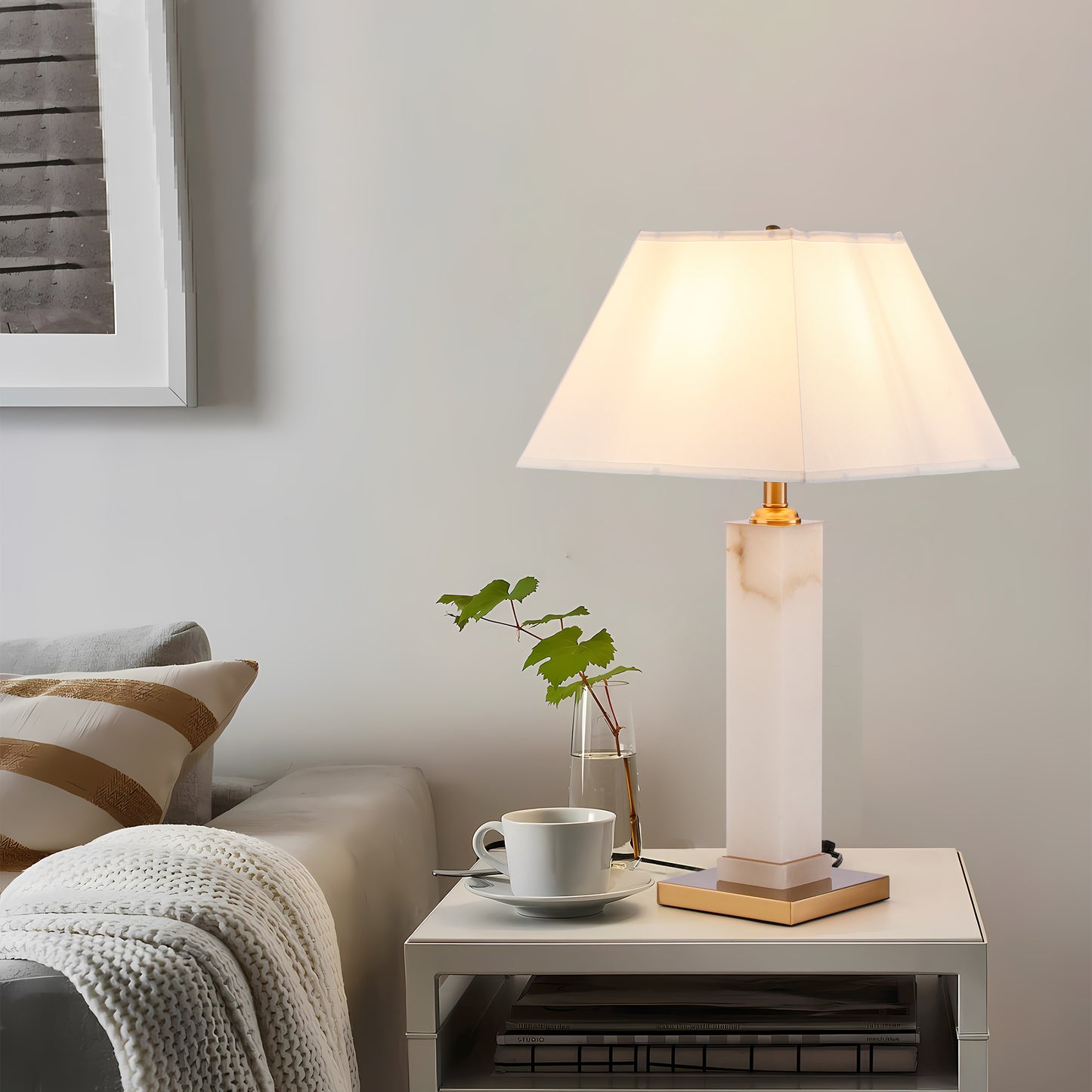 Modern White Alabaster Gold Metal Table Lamp - Contemporary Lighting for Stylish Home Decor