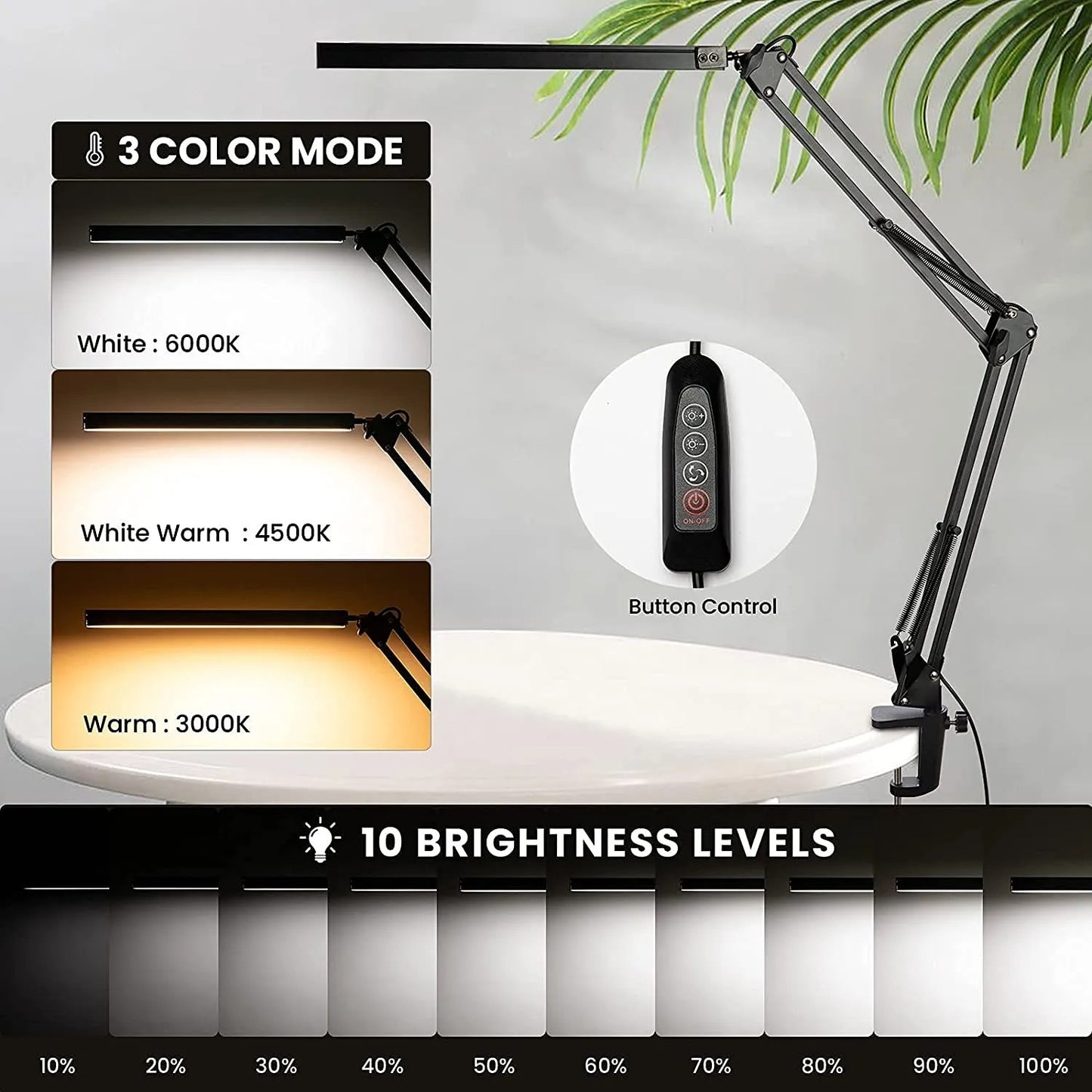 LED Desk Lamp with Clamp Long Arm Table Lamp Eye-Caring Dimmable 3 Colors Adjustable Desk Light with 10 Brightness Level