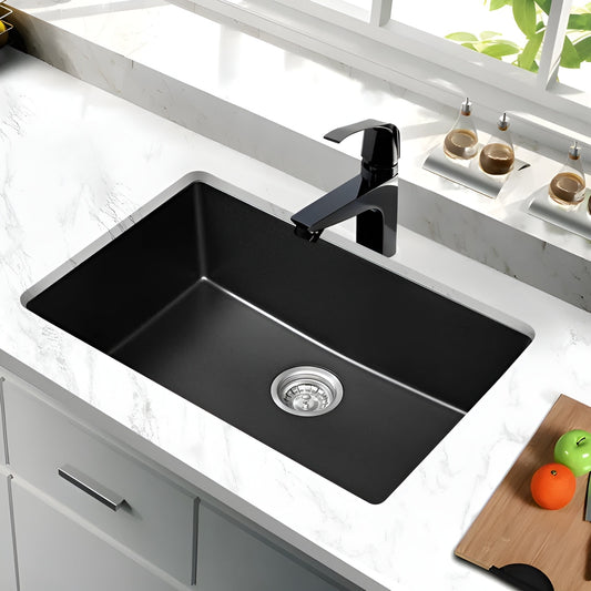 Single Black Granite Undermount Kitchen Sink 27" L X 18" W With Basket Strainer
