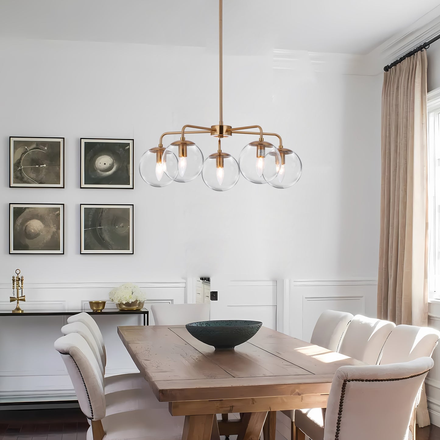 Mid-Century Glass Globe Bubble Round Chandelier, Futuristic Gold Light (five light)