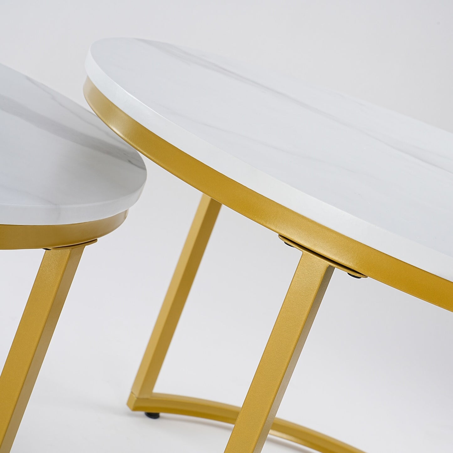 Modern White Marble Coffee Table, Industrial Round Metal Frame in Golden Style - Set of 2 Living Room or Lounge