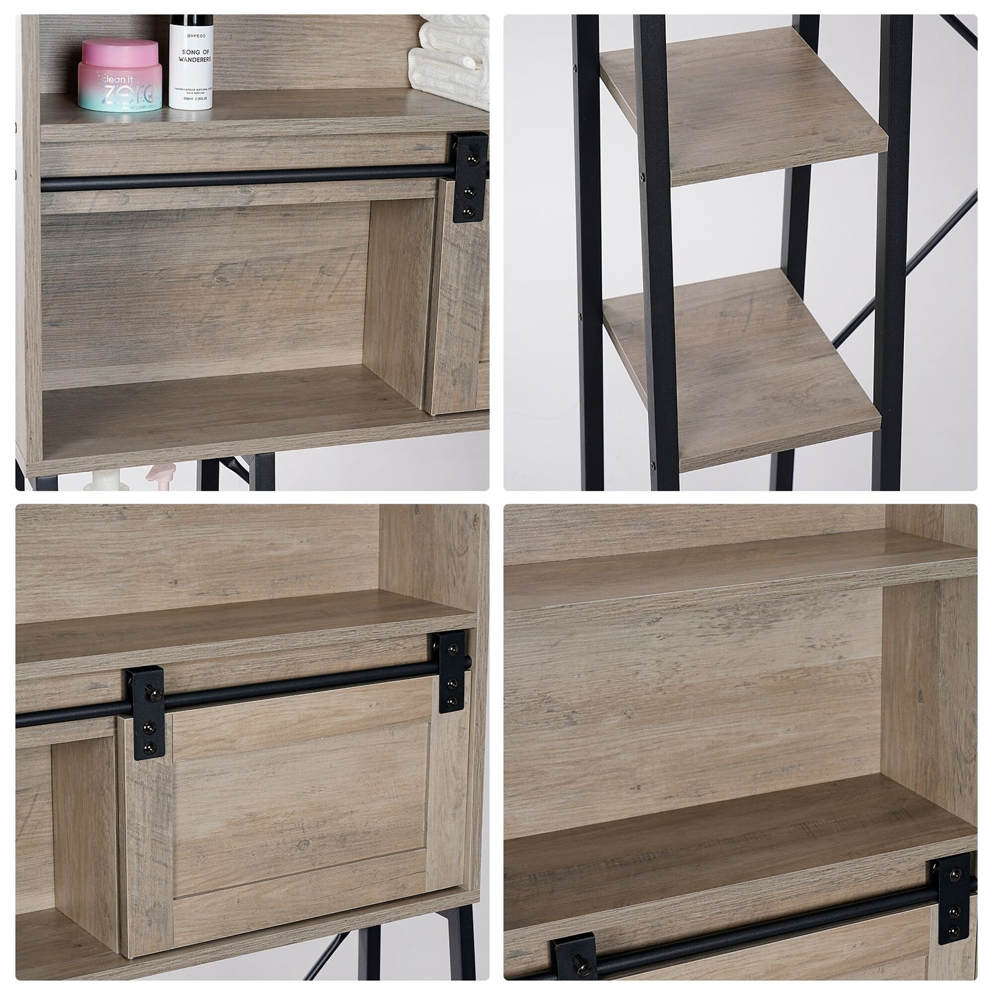 Over The Toilet Storage Cabinet - Elegant Grey Bathroom Organizer with Sliding Barn Door
