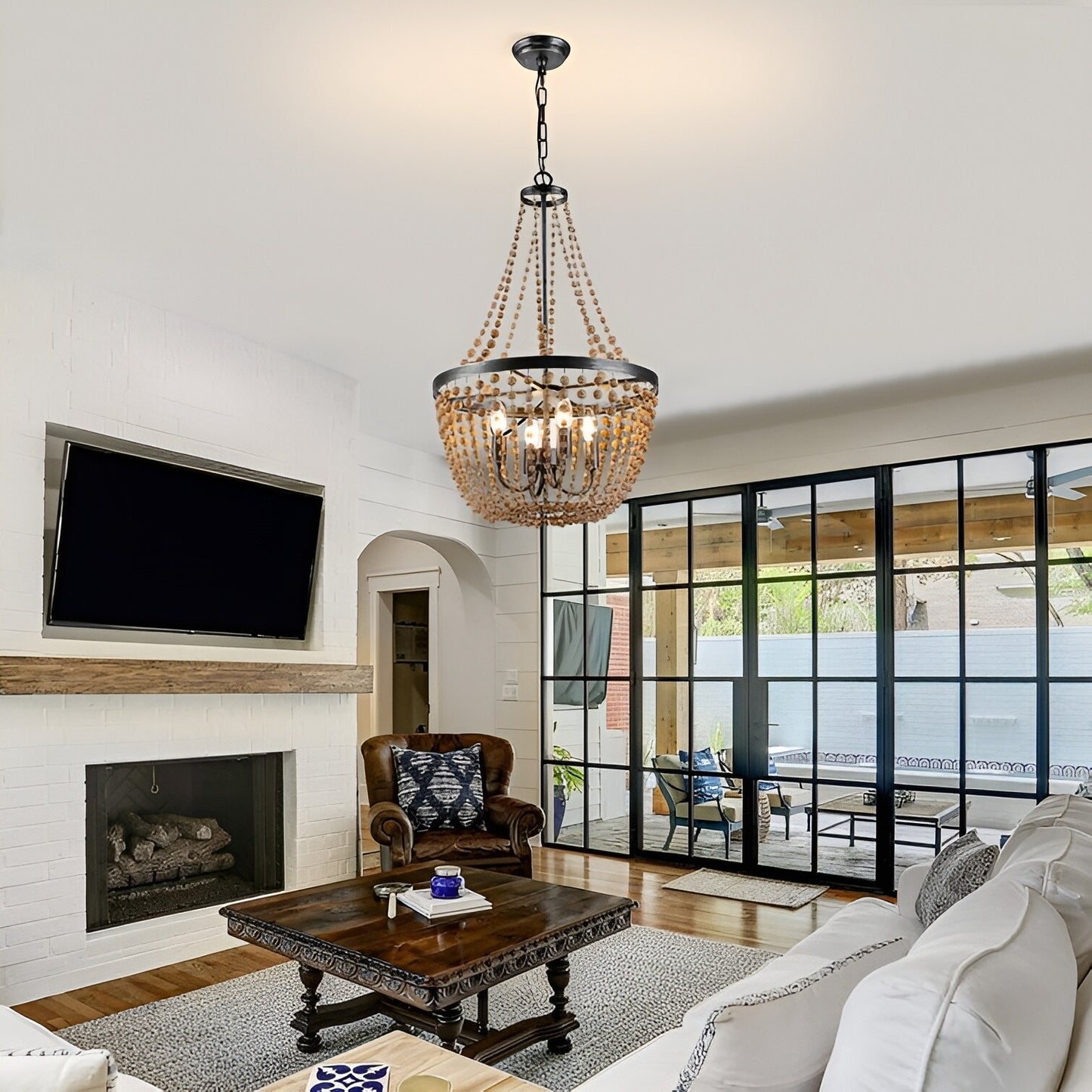 Peaslee 4-Light Regina Scalloped Wood Bead Lantern: Elegant Flush Mount Chandelier for Timeless Home Lighting - Wooden Bead Ceiling Fixture with Regina Scalloped Design